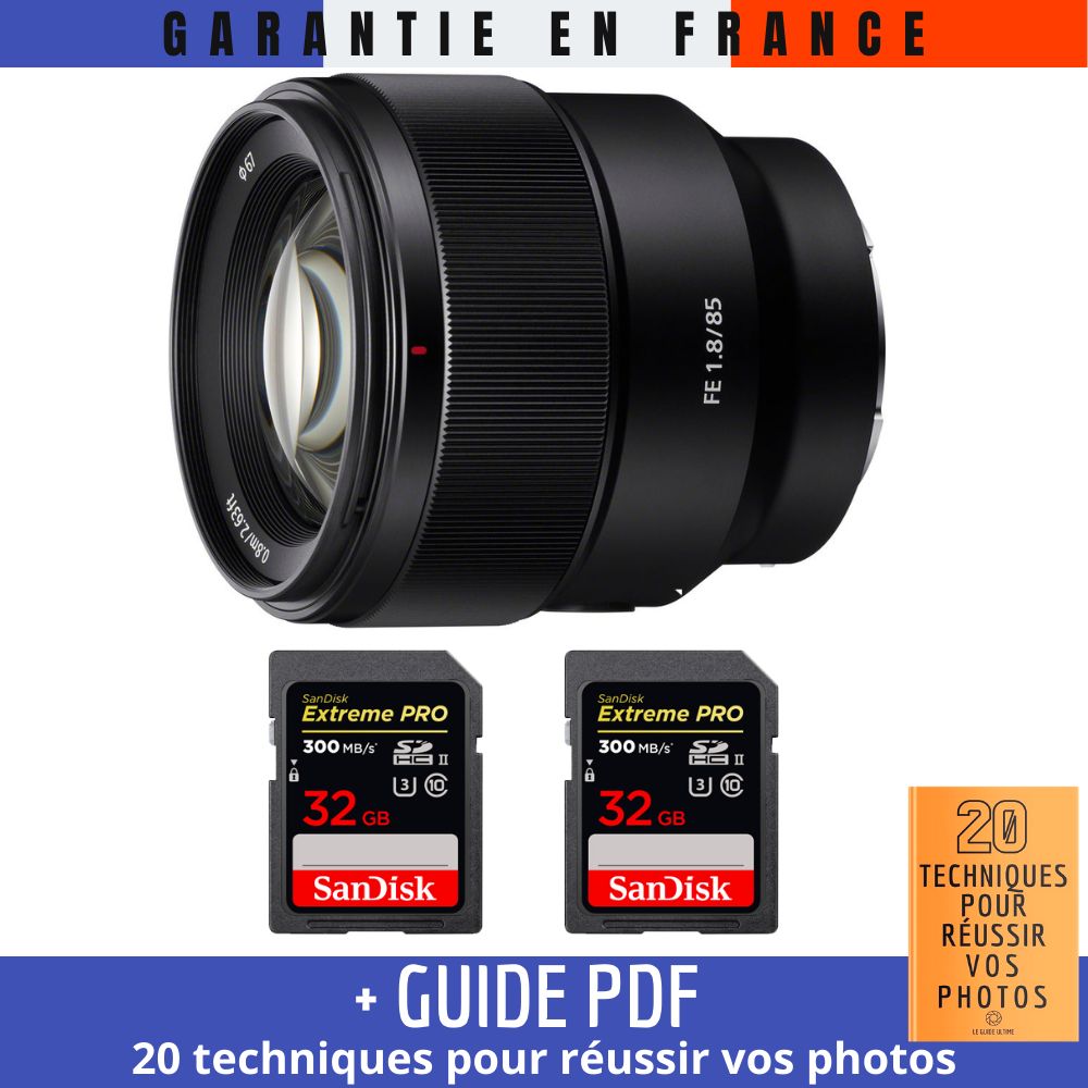 Sony FE 85mm f/1.8 Lens + 2 SanDisk 32GB Extreme PRO UHS-II SDXC Cards + PDF Guide: 20 Techniques for Successful Photos