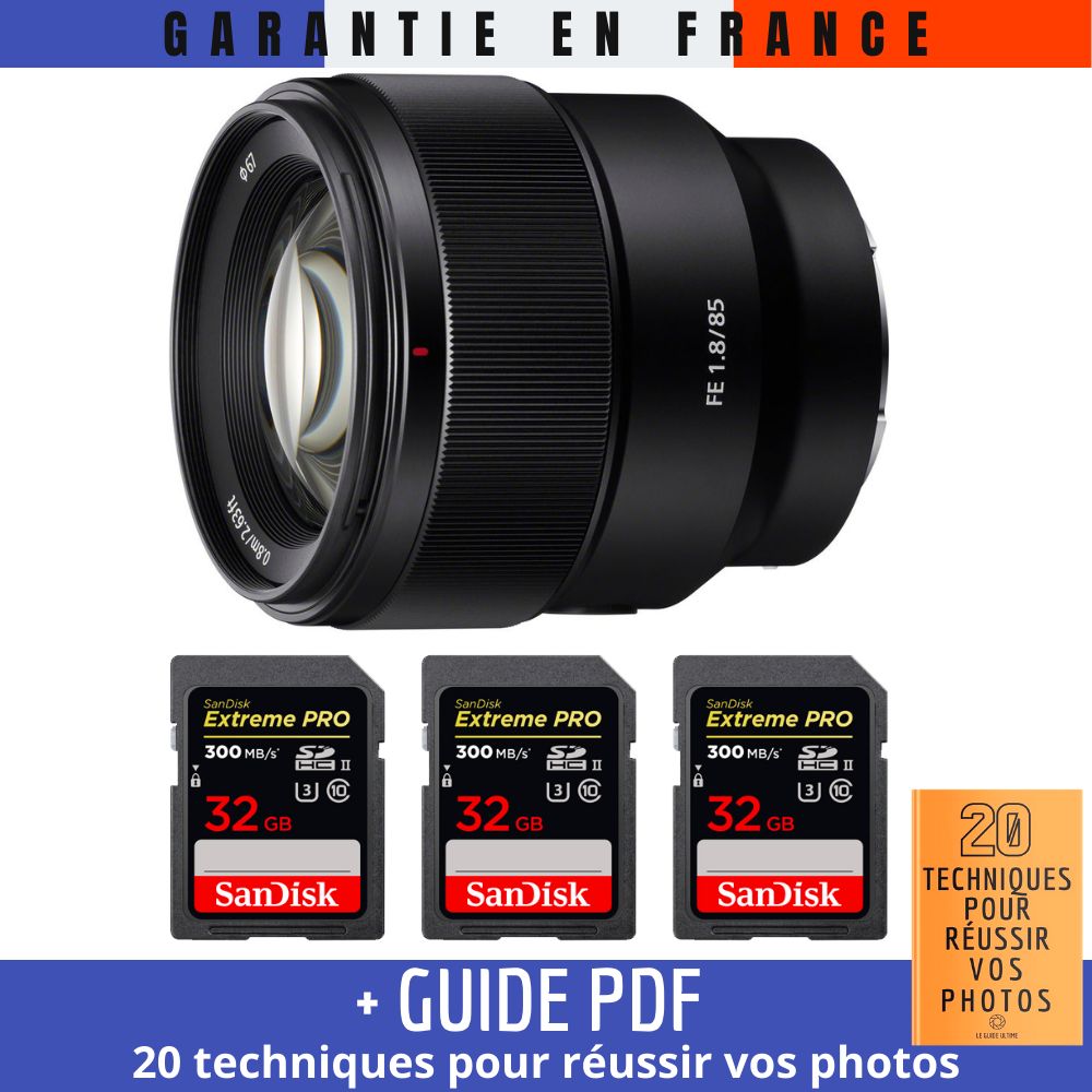 Sony FE 85mm f/1.8 Lens + 3 SanDisk 32GB Extreme PRO UHS-II SDXC Cards + PDF Guide: 20 Techniques for Succeeding in Photography