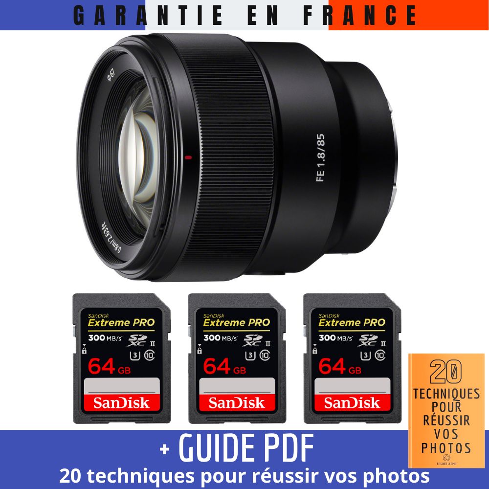 Sony FE 85mm f/1.8 Lens + 3 SanDisk 64GB Extreme PRO UHS-II SDXC Cards + PDF Guide: 20 Techniques for Successful Photos