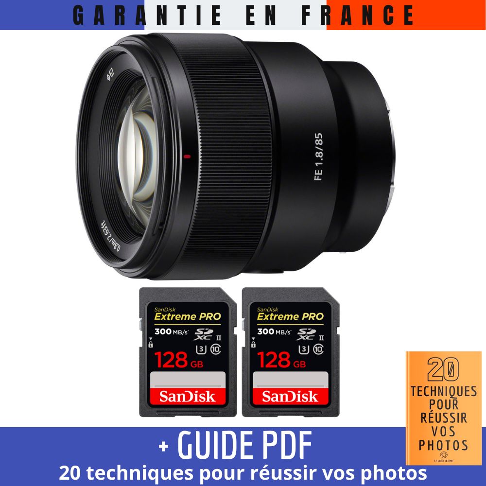 Sony FE 85mm f/1.8 Lens + 2 SanDisk 128GB Extreme PRO UHS-II SDXC Cards + PDF Guide: 20 Techniques for Succeeding in Photography