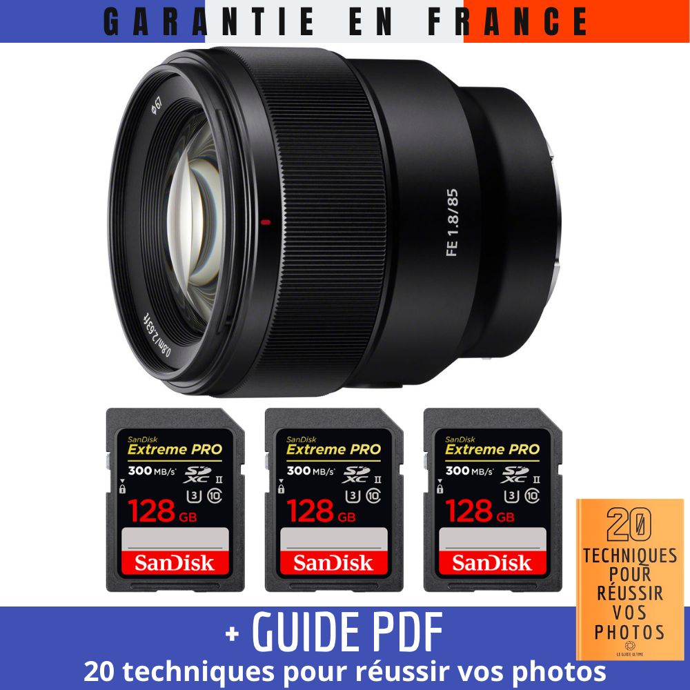 Sony FE 85mm f/1.8 Lens + 3 SanDisk 128GB Extreme PRO UHS-II SDXC Cards + Guide PDF: 20 Techniques for Successful Photos