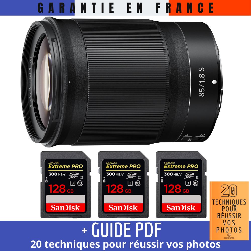 Nikon Z 85mm f/1.8 S Lens + 3 SanDisk 128GB UHS-II Cards + Guide PDF (20 Techniques for Successful Photos)