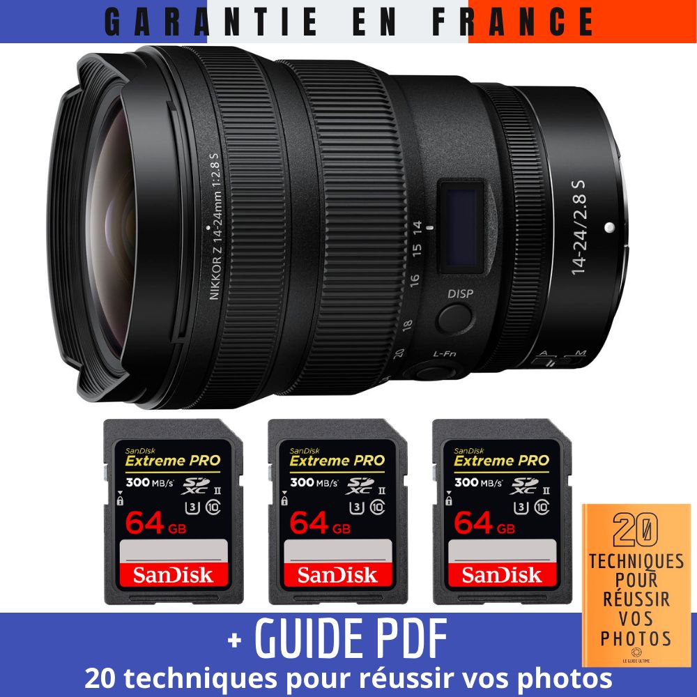 Nikon Z 14-24mm f/2.8 S Lens + 3 SanDisk 64GB UHS-II Cards + Guide PDF