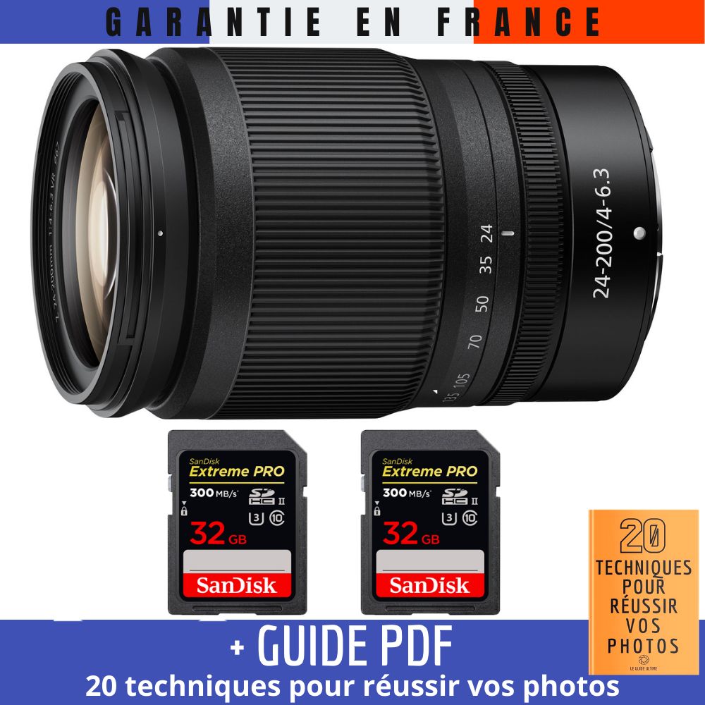 Nikon Z 24-200mm f/4-6.3 VR Lens + 2 SanDisk 32GB UHS-II Cards + Guide: 20 Techniques for Success