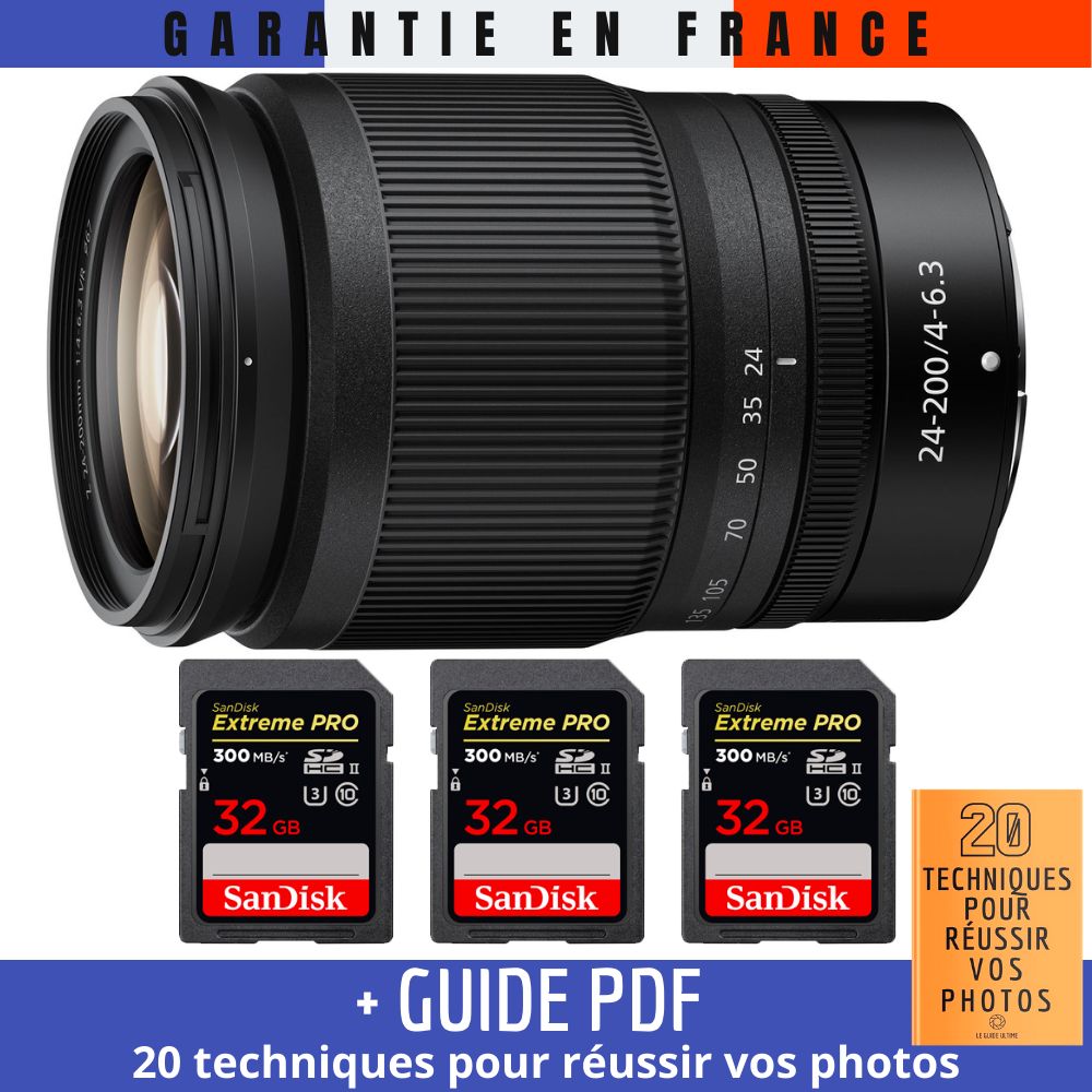 Nikon Z 24-200mm f/4-6.3 VR Lens + 3 SanDisk 32GB UHS-II 300MB/s Cards + PDF Guide: 20 Techniques for Success