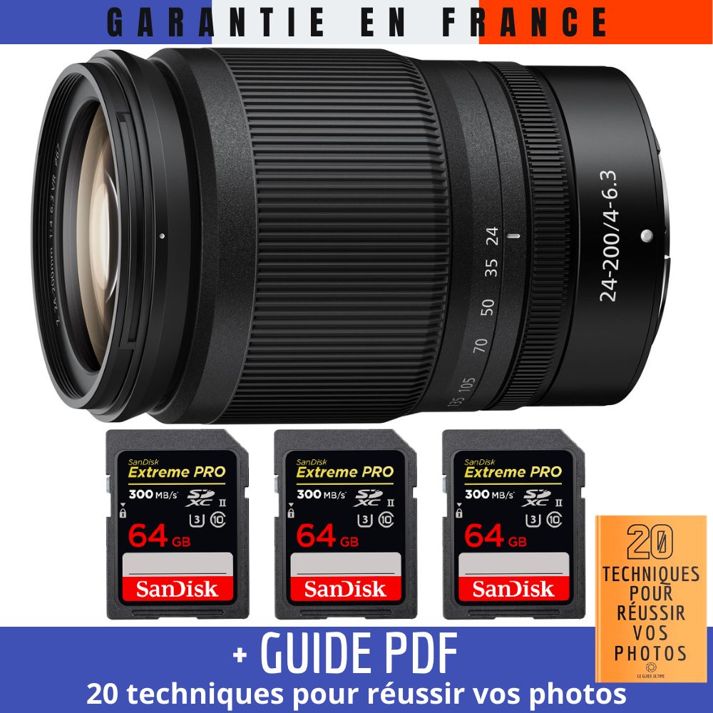 Nikon Z 24-200mm f/4-6.3 VR Lens + 3 SanDisk 64GB UHS-II Cards + Guide PDF