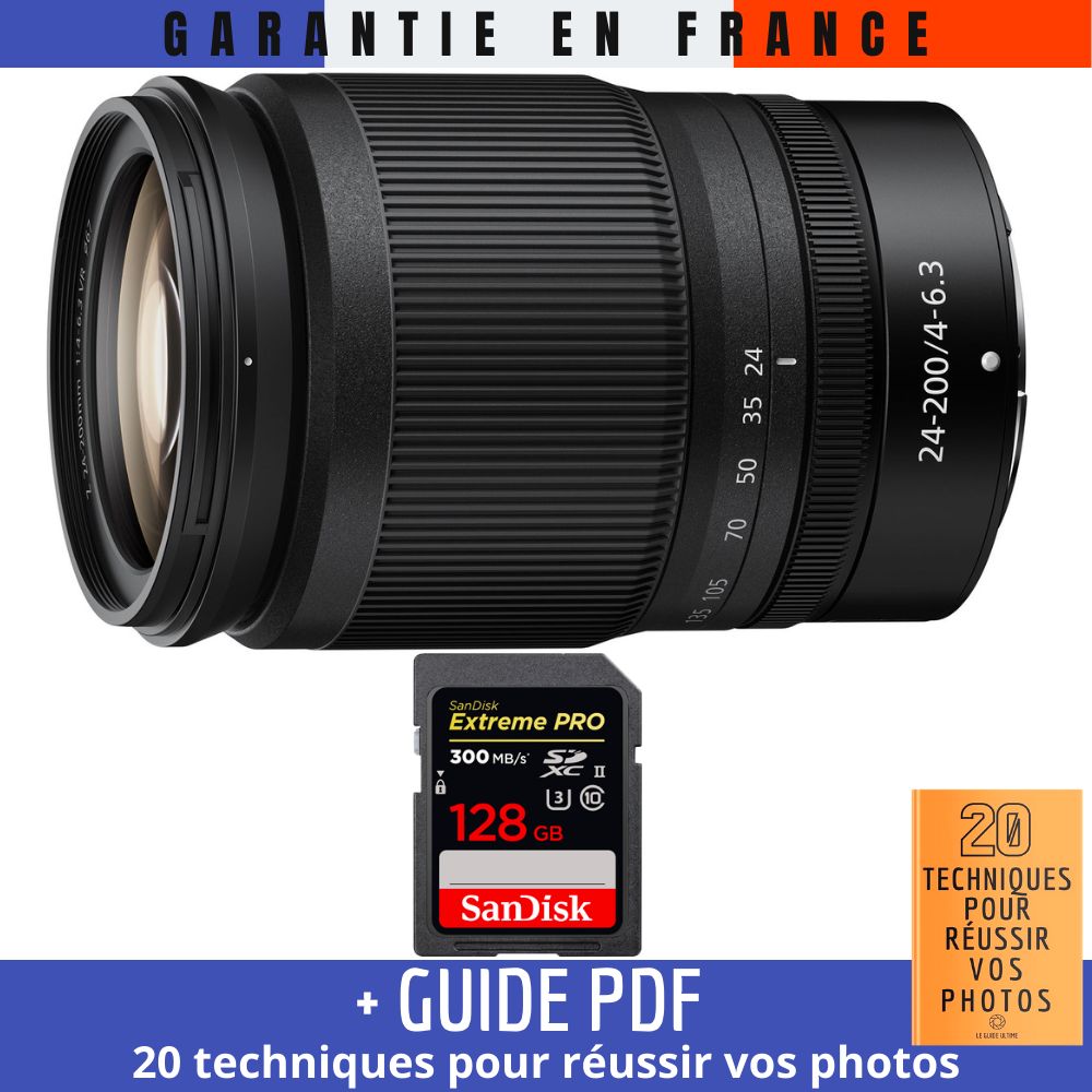 Nikon Z 24-200mm f/4-6.3 VR Lens + 1 SanDisk 128GB UHS-II 300MB/s Card + Guide PDF: 20 Techniques for Successful Photos