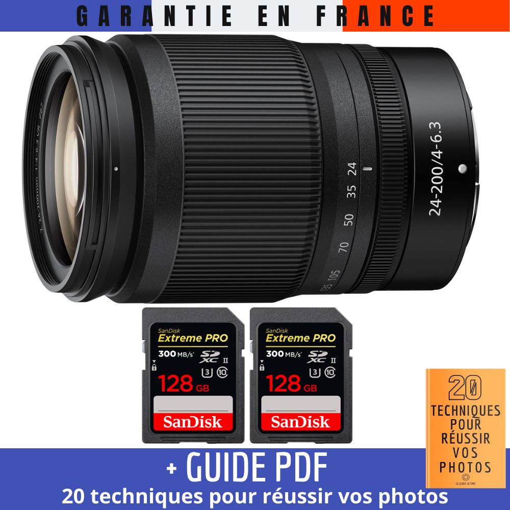 Nikon Z 24-200mm f/4-6.3 VR Lens + 2 SanDisk 128GB UHS-II Cards + Guide PDF (20 Techniques for Successful Photos)