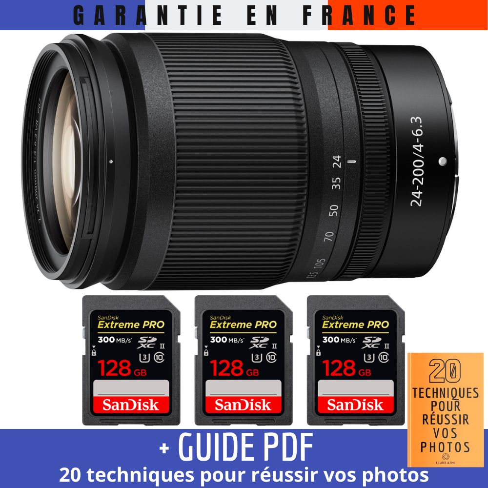 Nikon Z 24-200mm f/4-6.3 VR Lens + 3 SanDisk 128GB UHS-II Cards + Guide PDF (20 Photography Techniques)