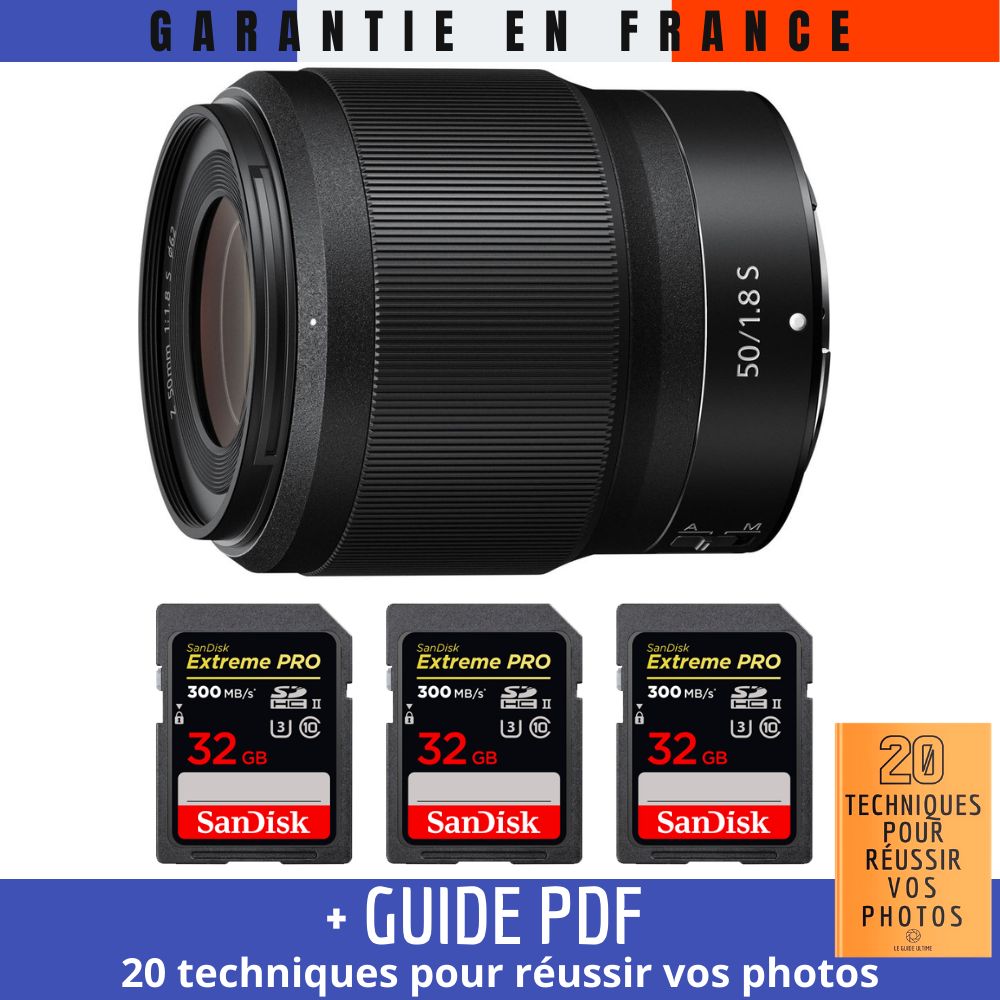 Nikon Z 50mm f/1.8 S Lens + 3 SanDisk 32GB UHS-II Cards + Guide PDF (20 Photography Techniques)