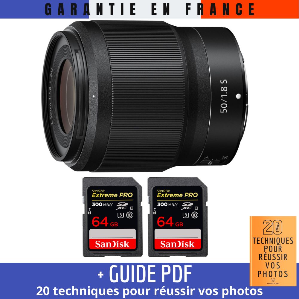 Nikon Z 50mm f/1.8 S Lens + 2x 64GB SanDisk UHS-II Cards + PDF Guide