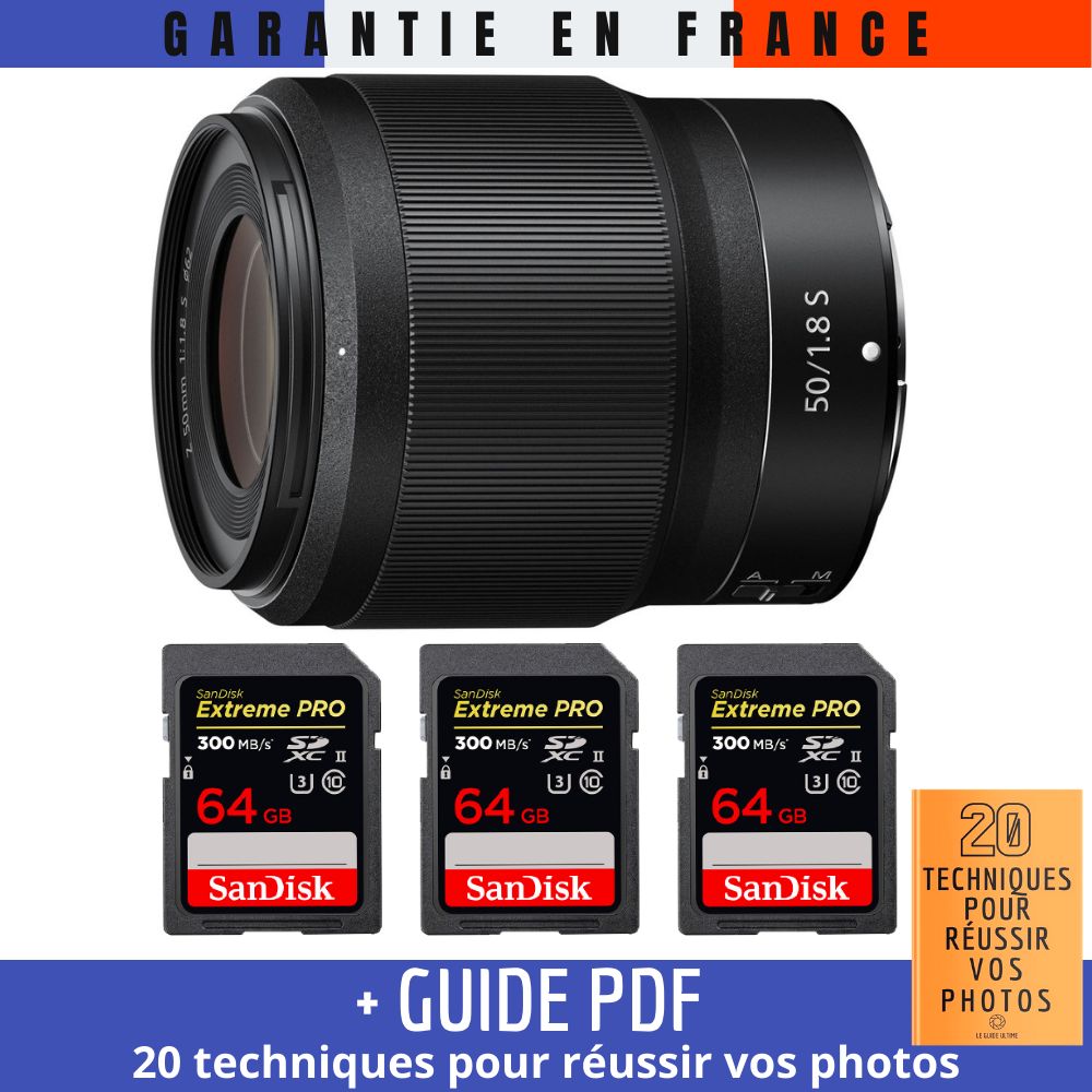 Nikon Z 50mm f/1.8 S Lens + 3 SanDisk 64GB UHS-II 300MB/s Cards + Guide PDF: 20 Techniques for Successful Photos