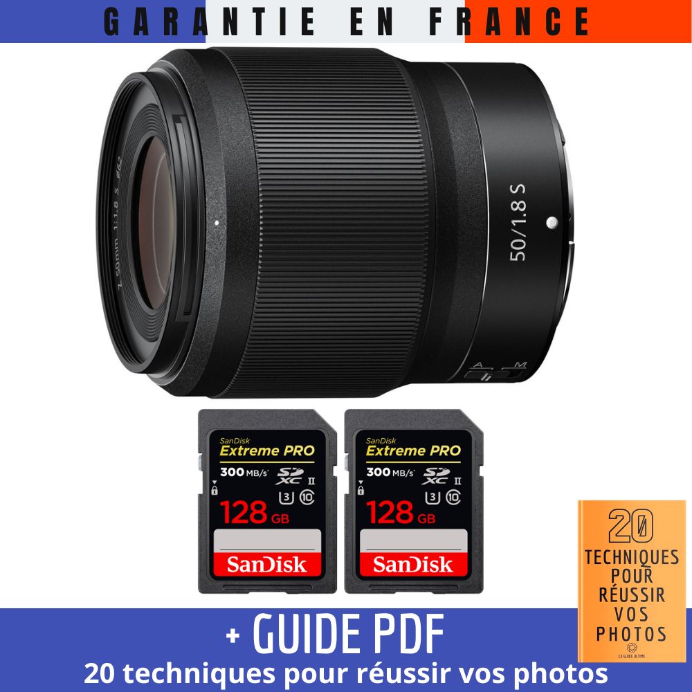Nikon Z 50mm f/1.8 S Lens + 2x 128GB SanDisk UHS-II Memory Cards + Guide: 20 Techniques for Successful Photos