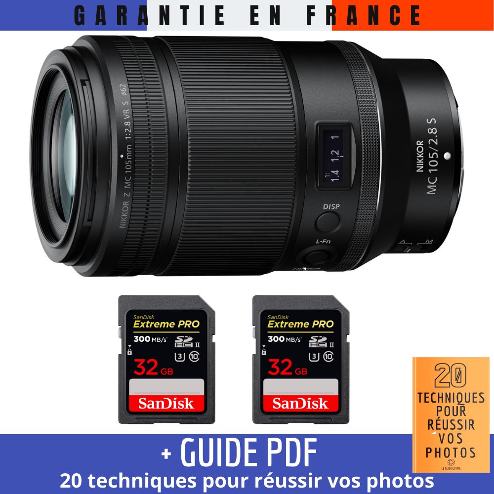Nikon Z MC 105mm f/2.8 VR S Macro Lens + 2 SanDisk 32GB UHS-II Cards + PDF Guide