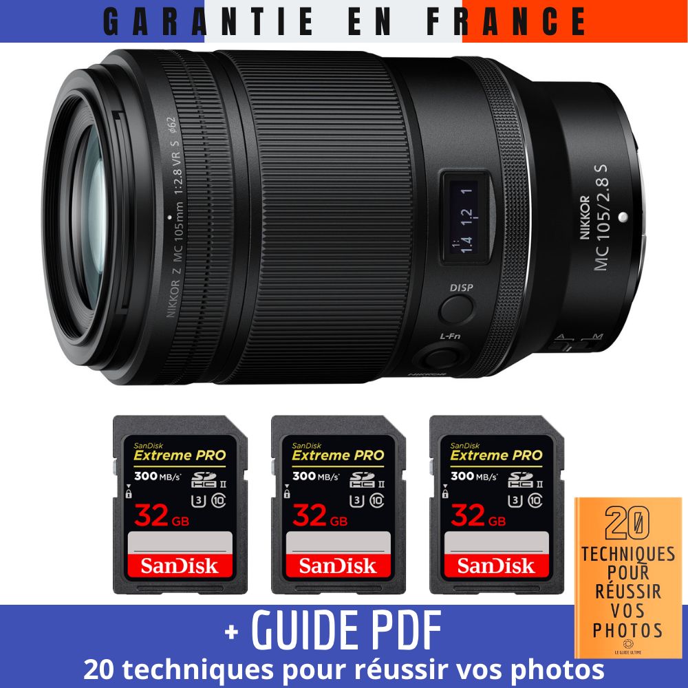 Nikon Z MC 105mm f/2.8 VR S Macro Lens + 3 SanDisk 32GB UHS-II Cards + PDF Guide