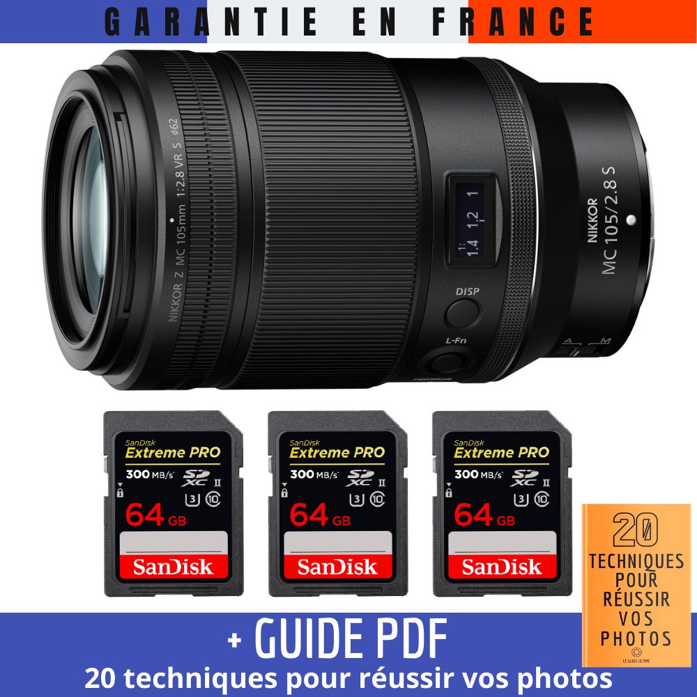 Nikon Z MC 105mm f/2.8 VR S Macro Lens + 3 SanDisk 64GB UHS-II Cards + Guide PDF (20 Techniques for Successful Photos)