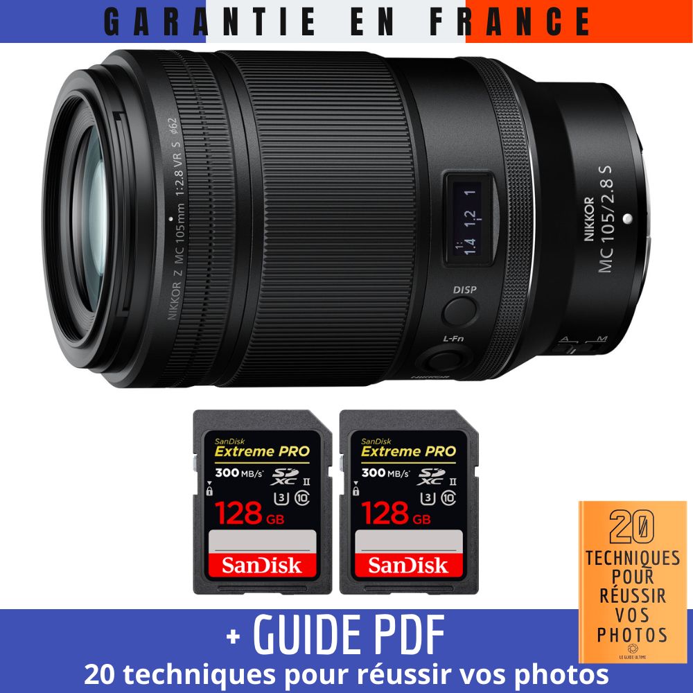 Nikon Z MC 105mm f/2.8 VR S Macro Lens + 2x SanDisk 128GB UHS-II Cards + Guide PDF (20 Techniques for Successful Photography)