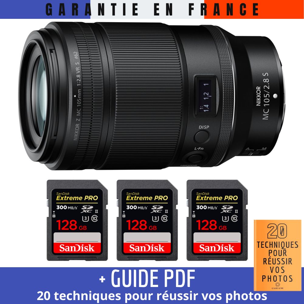 Nikon Z MC 105mm f/2.8 VR S Macro Lens + 3 SanDisk 128GB UHS-II 300MB/s Cards + Guide PDF 20 Techniques for Successful Photos