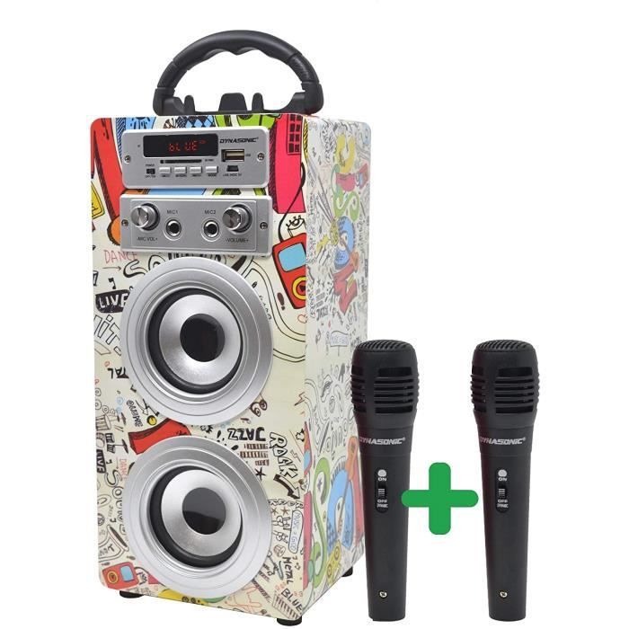 Haut-parleur portable DYNASONIC avec mode karaoké et microphones inclus, lecteur USB/SD, radio FM, modèle 025 (2 micros)