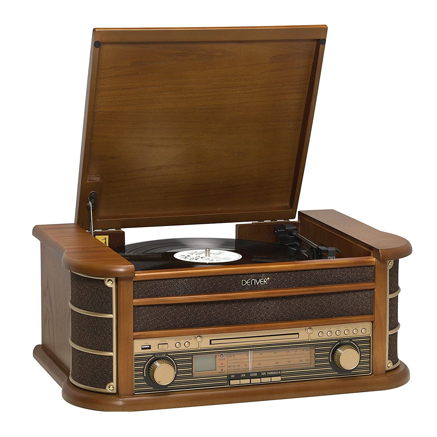 Denver MCR-50MK3 Retro Stereo with Vinyl, FM/AM Radio, CD, Cassette, 5W Speakers, REC Function, Wood Case