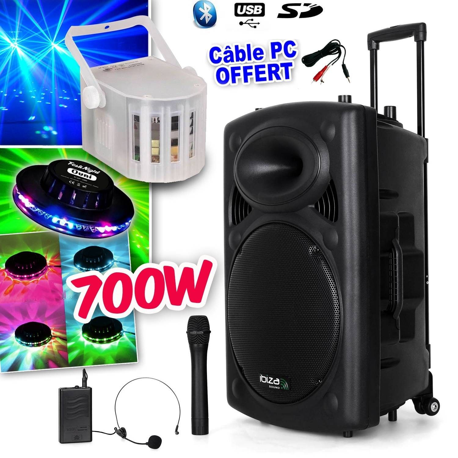 Ibiza 700W Bluetooth Battery-Powered Speaker System with Microphones