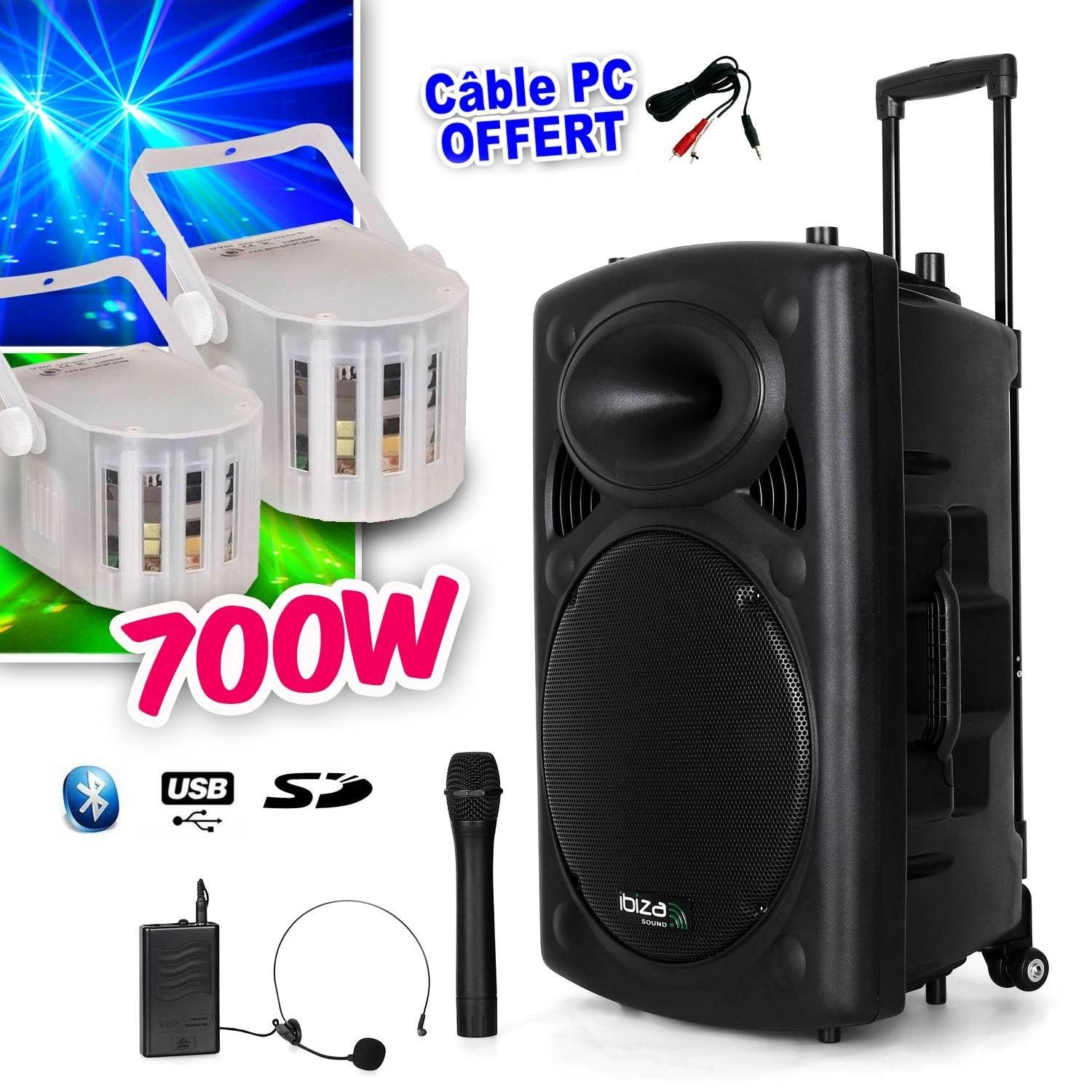 Ibiza 700W Bluetooth Battery-Powered PA System + 2 Derby Kolor LytOr + PC Cable