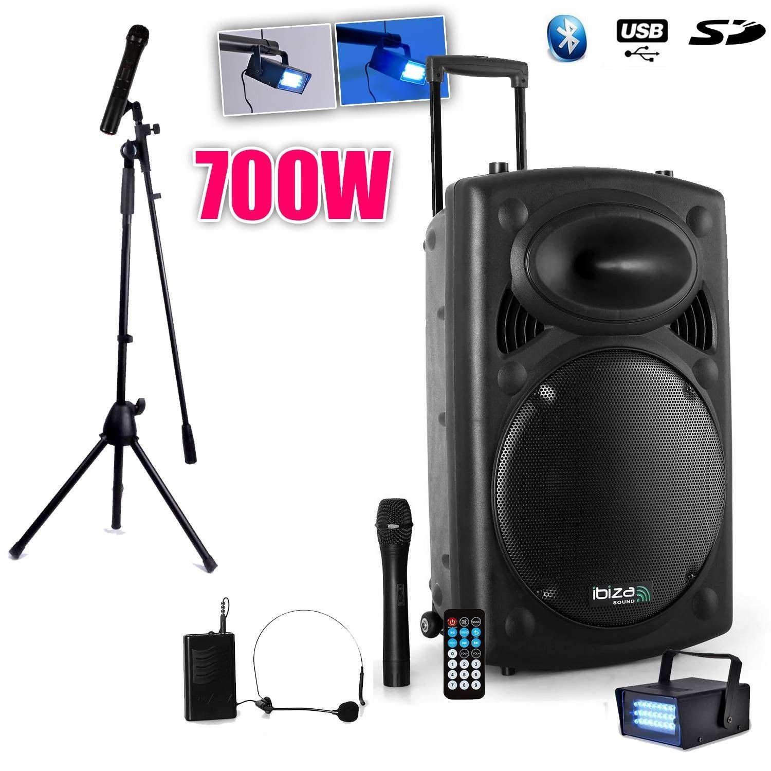 Ibiza Mobile Public Address System 700W + 3 Microphones PORT12VHF-BT + Stand for Chanting + Mini Strobe Light