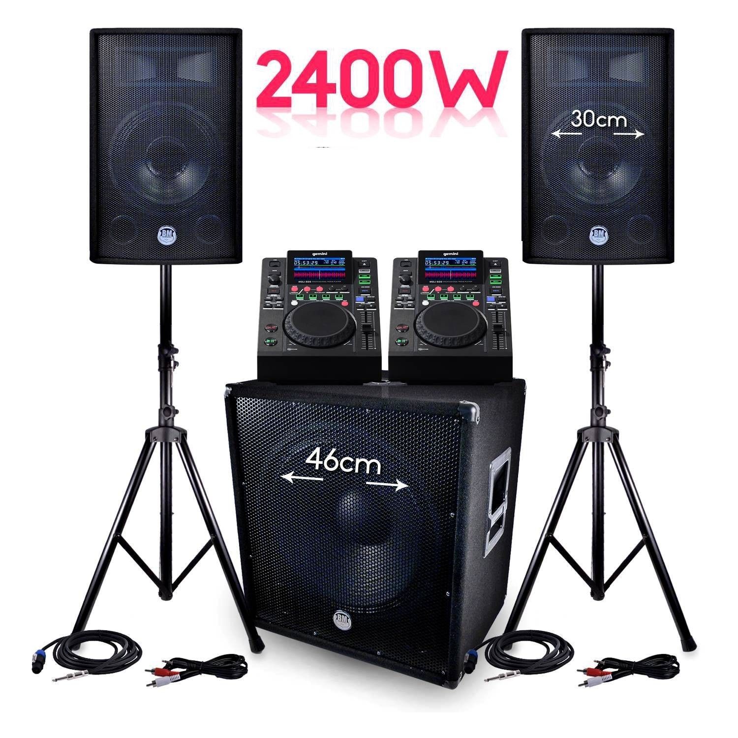 Bm Sonic PACK Sono BMS-1812 2400W SUB 46cm - 2 Enceintes 30cm + Cables + Double Lecteur GEMINI