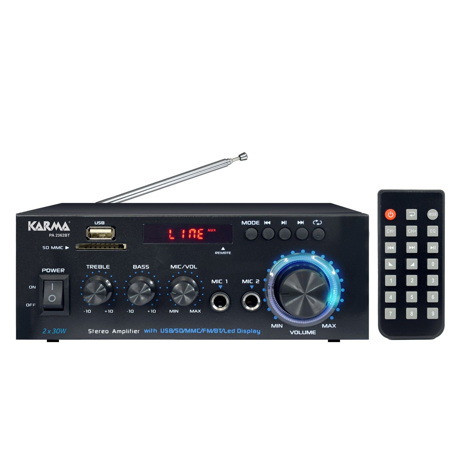 Karma HIFI Stereo Amplifier PA-2362BT, 2x 30W, USB SD Bluetooth, FM Radio, Remote Control, 2 Microphone Inputs