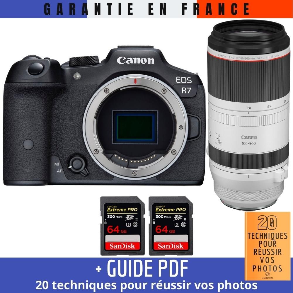 Canon EOS R7 + RF 100-500mm F4.5-7.1 L IS USM Lens + 2 SanDisk 64GB Extreme PRO UHS-II SDXC Cards + '20 Techniques for Succeeding in Photography' Guide