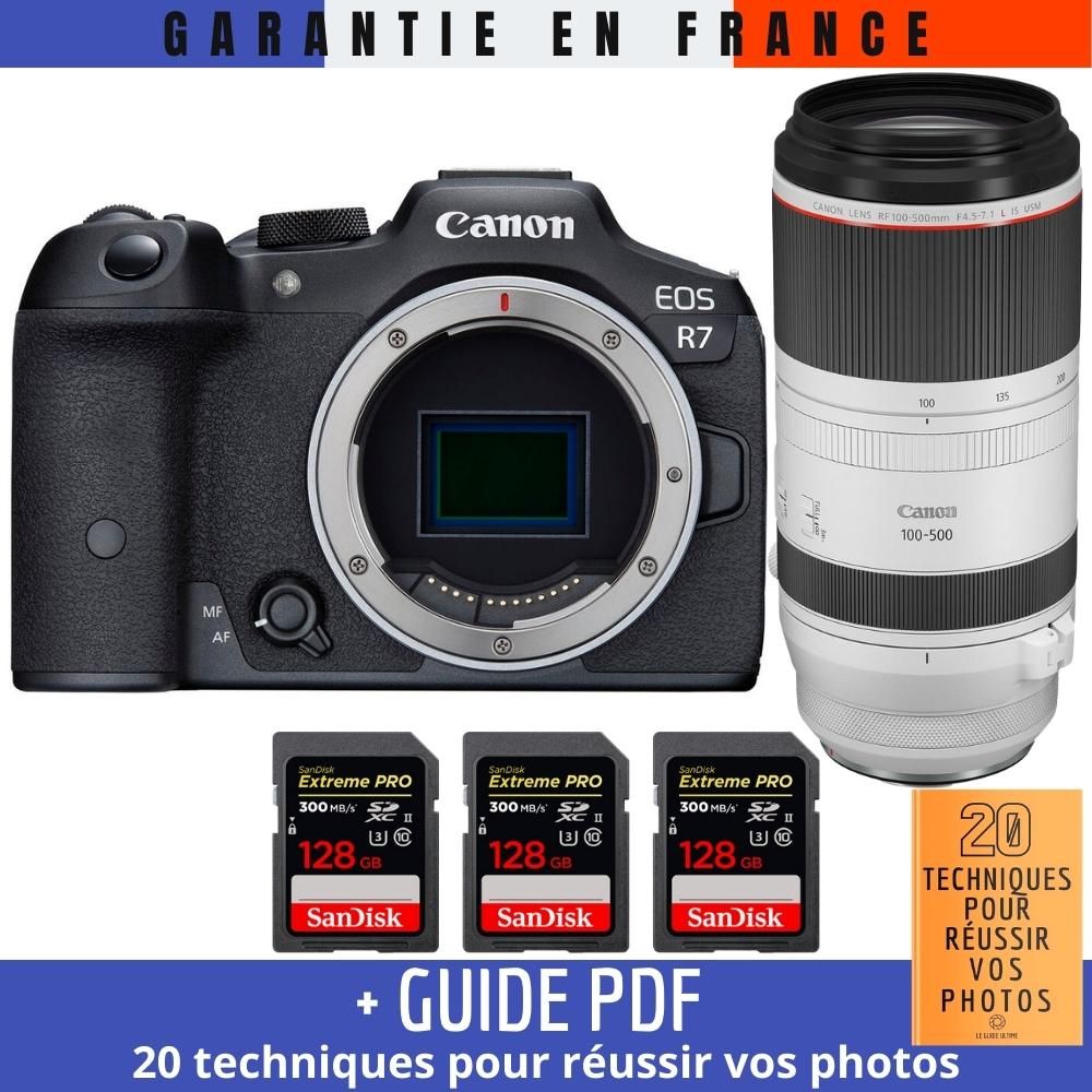 Canon EOS R7 + RF 100-500mm F4.5-7.1 L IS USM Lens + 3 SanDisk 128GB Extreme PRO UHS-II SDXC Cards (300MB/s) + '20 Techniques for Succeeding in Photography' Guide