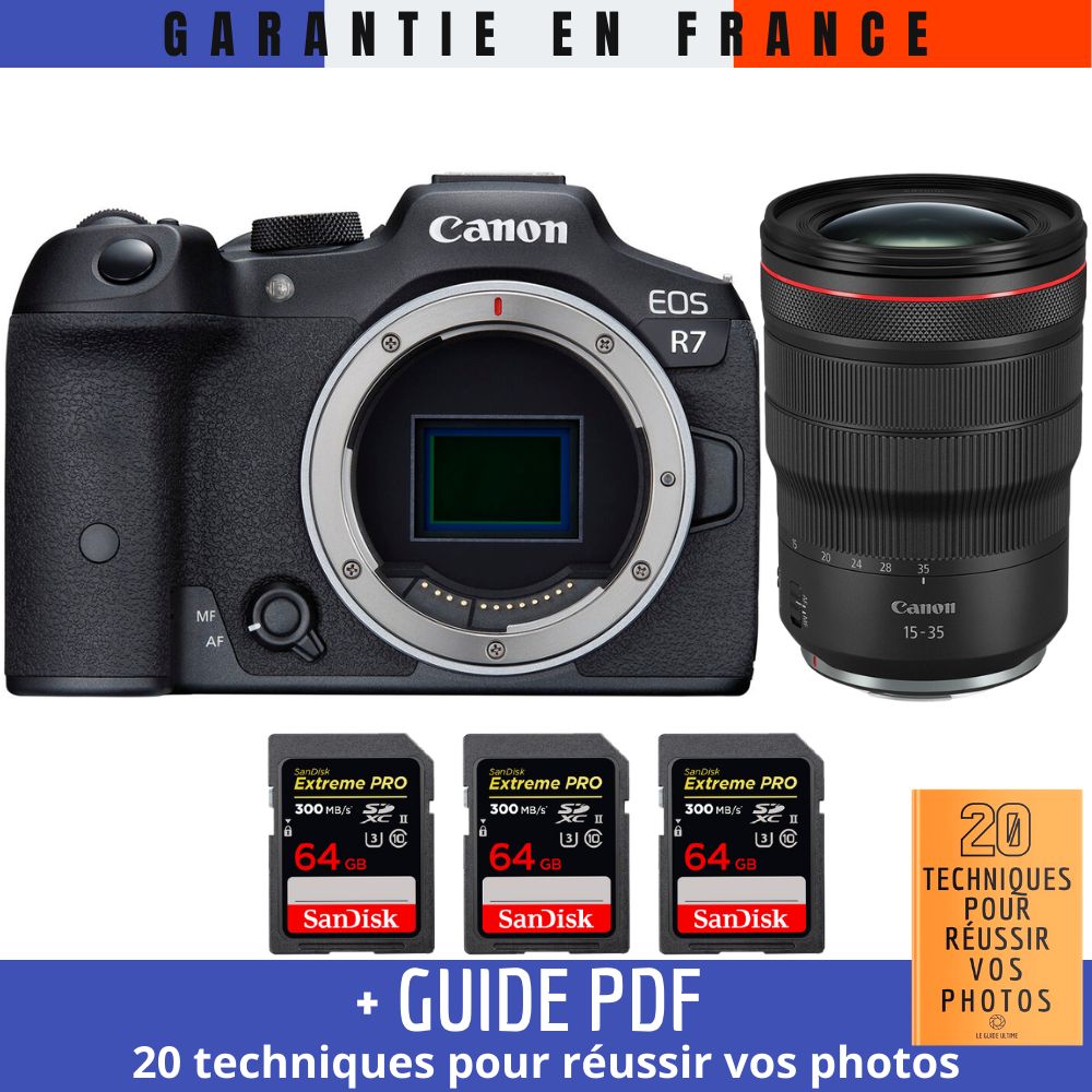 Canon EOS R7 + RF 15-35mm F2.8 L IS USM Lens + 3 SanDisk 64GB Extreme PRO UHS-II SDXC Cards (300 MB/s) + '20 Techniques for Successful Photos' Guide