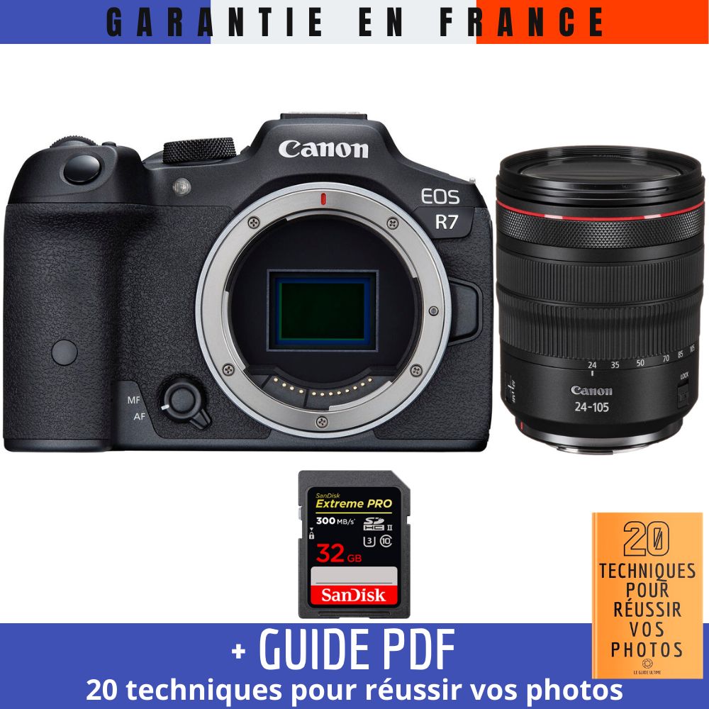 Canon EOS R7 + RF 24-105mm F4 L IS USM + 1 SanDisk 32GB Extreme PRO UHS-II SDXC Card (300 MB/s) + Guide PDF '20 techniques pour réussir vos photos'