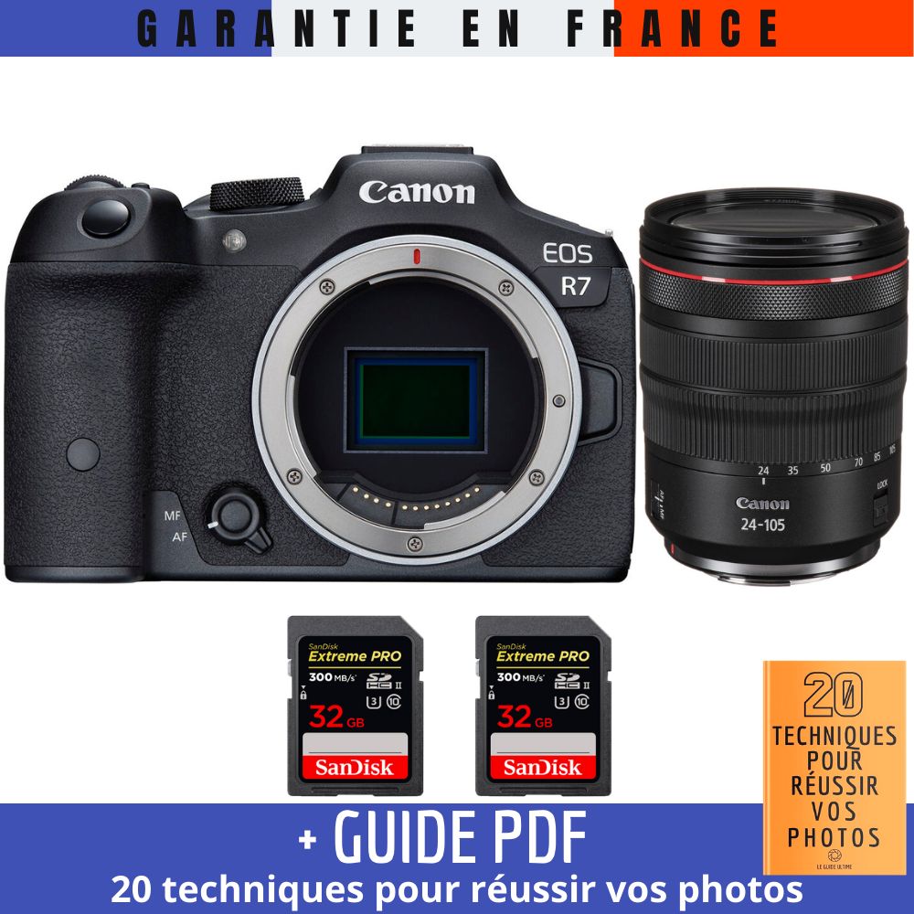 Canon EOS R7 + RF 24-105mm F4 L IS USM + 2 SanDisk 32GB Extreme PRO UHS-II SDXC 300MB/s (Guide PDF '20 techniques pour réussir vos photos')
