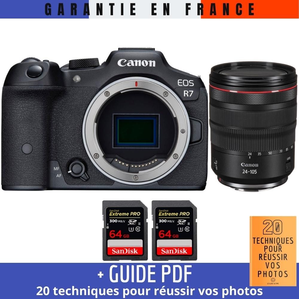 Canon EOS R7 + RF 24-105mm F4 L IS USM + 2 SanDisk 64GB Extreme PRO UHS-II SDXC 300MB/s + Guide PDF '20 techniques pour réussir vos photos'