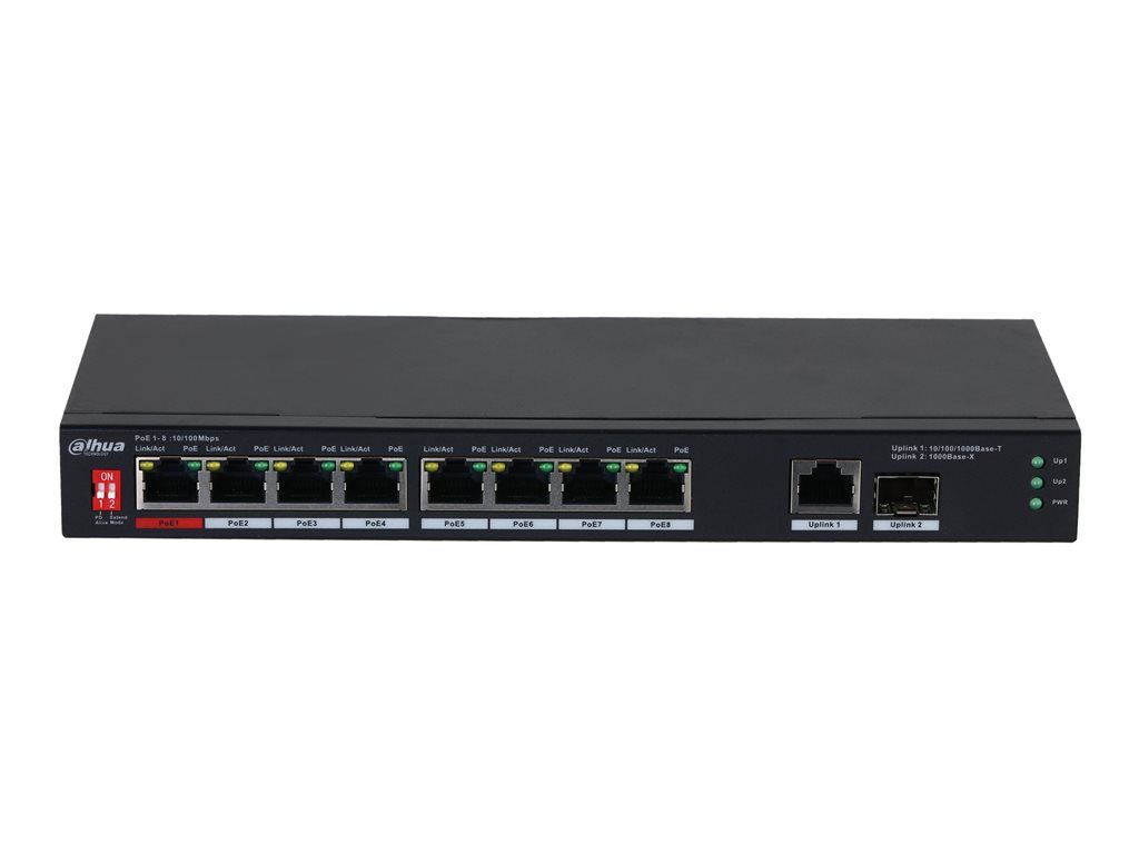 Dahua PFS3110-8ET1GT1GF-96 - Switch - Unmanaged - 8 x 10/100 (PoE) + 1 x 10/100/1000 Base-T (uplink) + 1 x 1000Base-X (uplink) - Desktop - High PoE / PoE+
