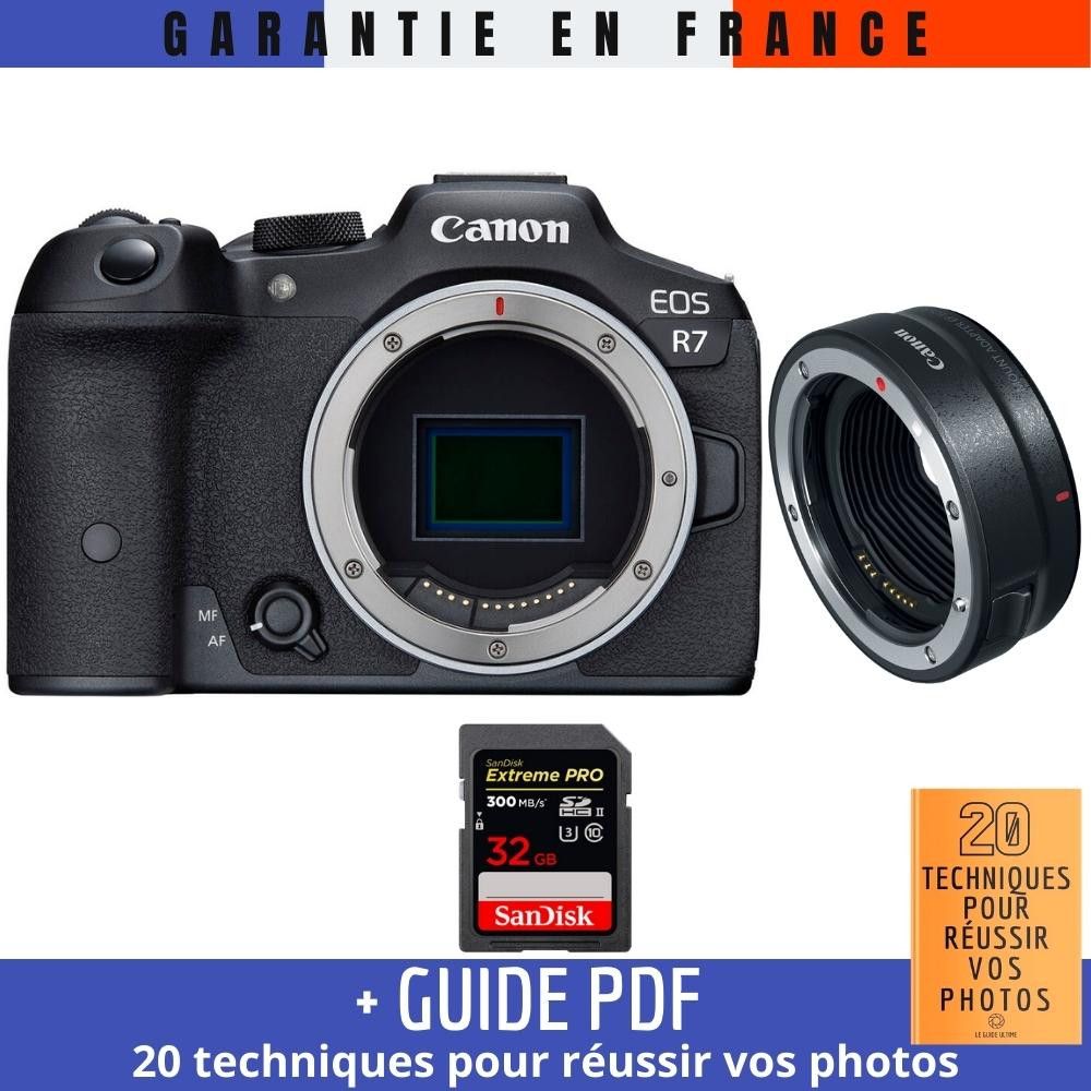 Canon EOS R7 + Objectif EF-EOS R + 1 x Carte SD SanDisk 32 Go Extreme PRO UHS-II (300 Mo/s) + Guide '20 techniques pour réussir vos photos'