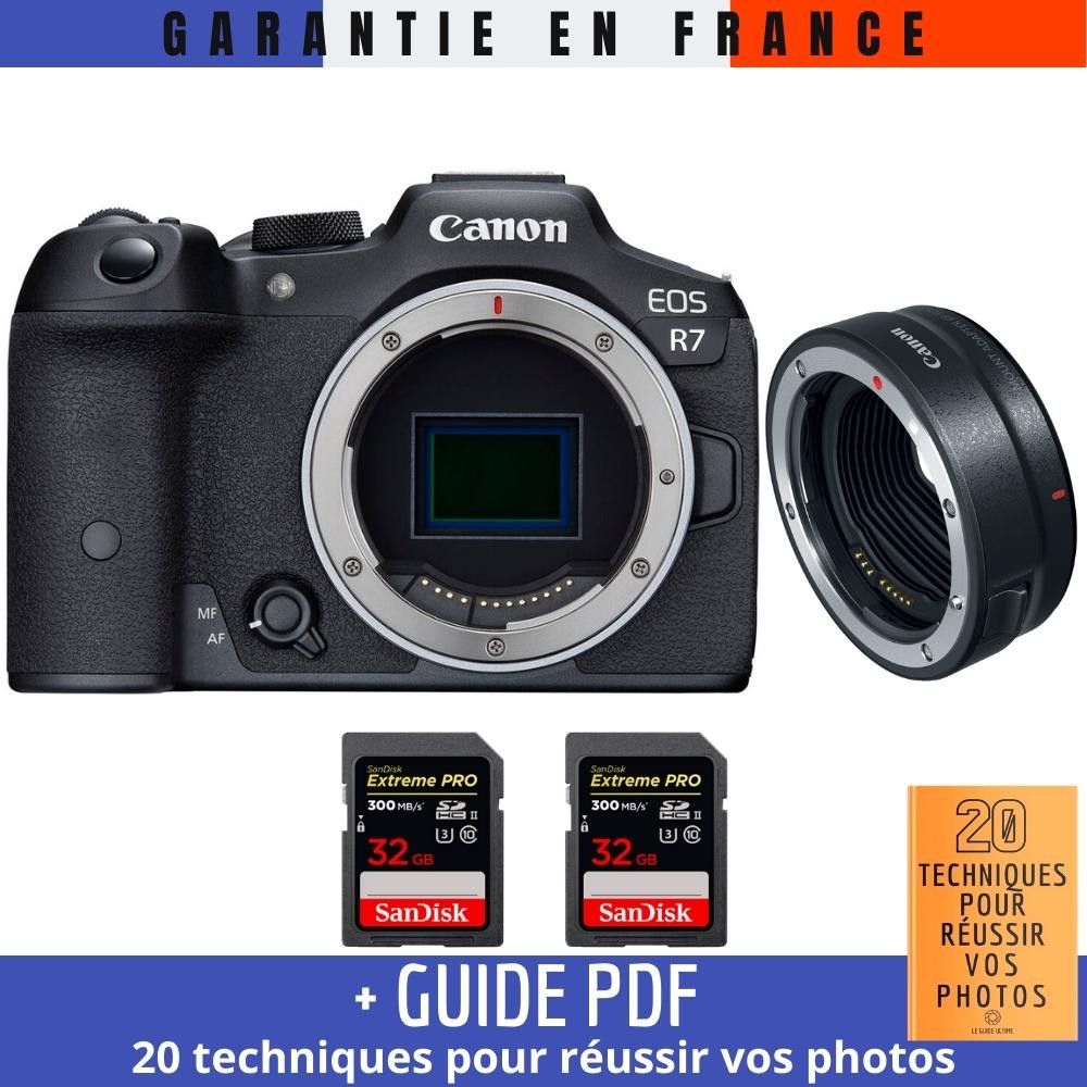 Appareil photo reflex numérique Canon EOS R7 avec objectif EF-EOS R et 2 cartes mémoire SanDisk 32 Go Extreme PRO UHS-II