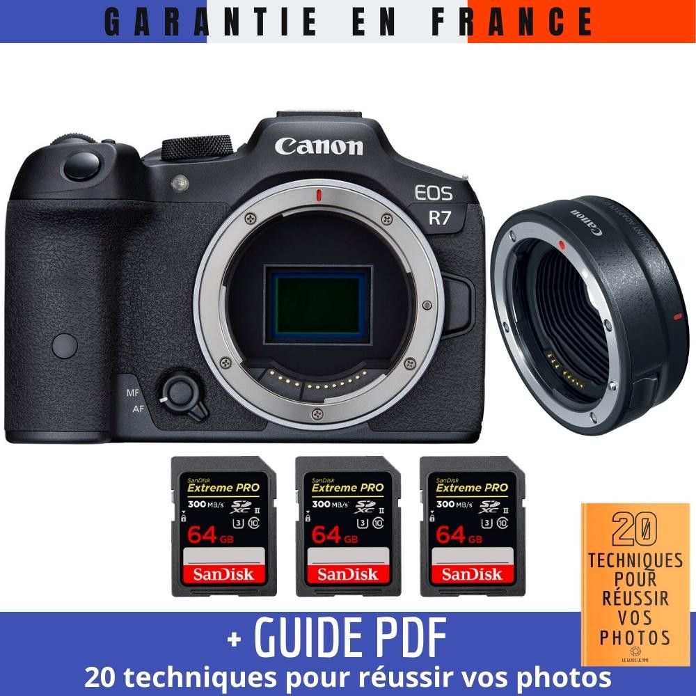 Canon EOS R7 Boîtier + Objectif EF-EOS R + 3 Cartes SD SanDisk 64Go Extreme PRO UHS-II (300 Mo/s) + Guide PDF '20 Techniques pour Réussir vos Photos'