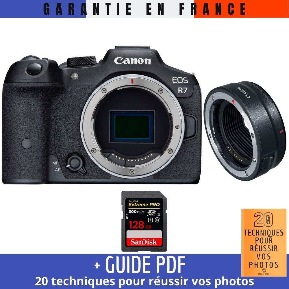 Canon EOS R7 + objectif EF-EOS R + 1 carte mémoire SanDisk 128 Go Extreme PRO UHS-II SDXC (300 Mo/s) + guide '20 techniques pour réussir vos photos'