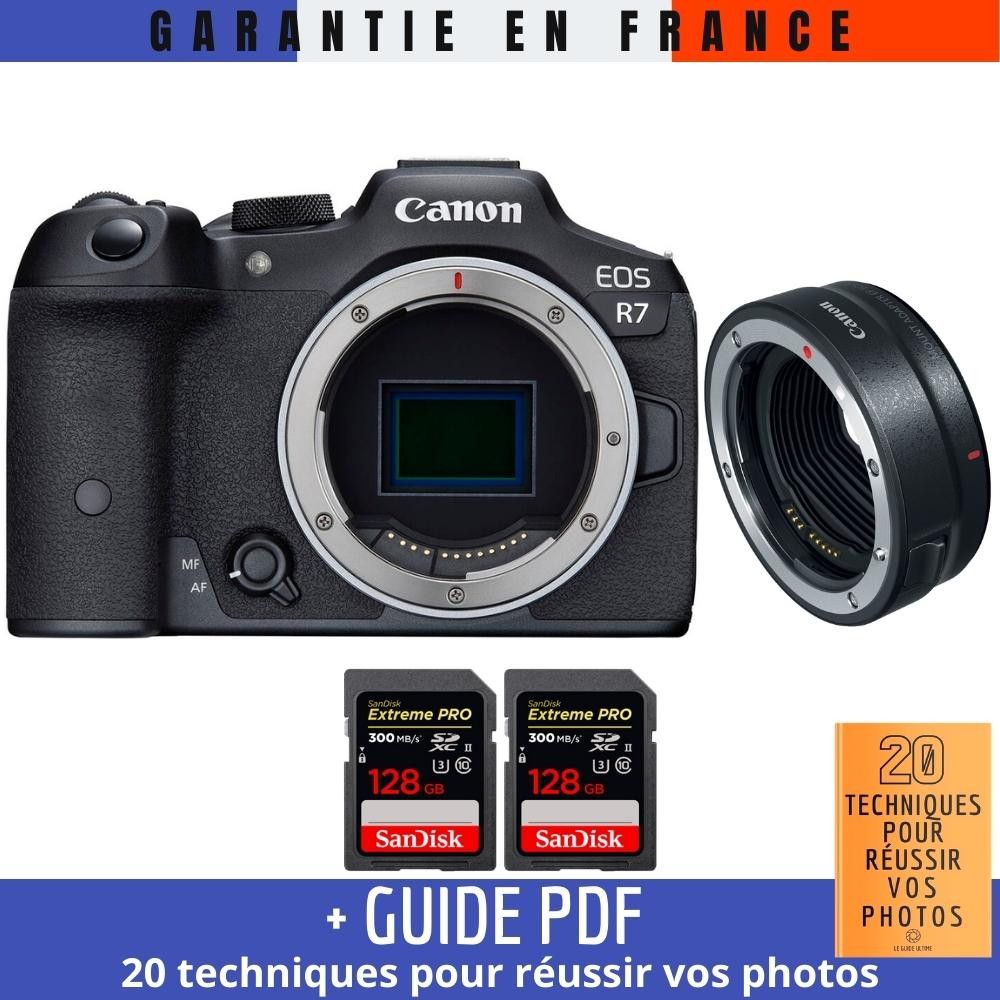 Canon EOS R7, kit avec objectif EF-EOS R et 2 cartes mémoire SanDisk 128 Go Extreme PRO UHS-II