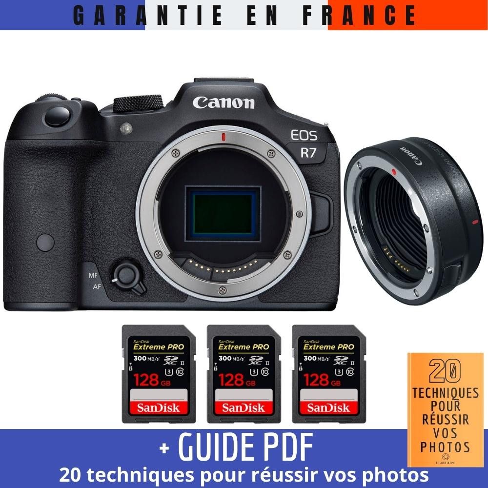 Canon EOS R7 + objectif EF-EOS R + 3 cartes SD SanDisk 128 Go Extrême PRO UHS-II (300 Mo/s) + guide '20 techniques pour réussir vos photos'