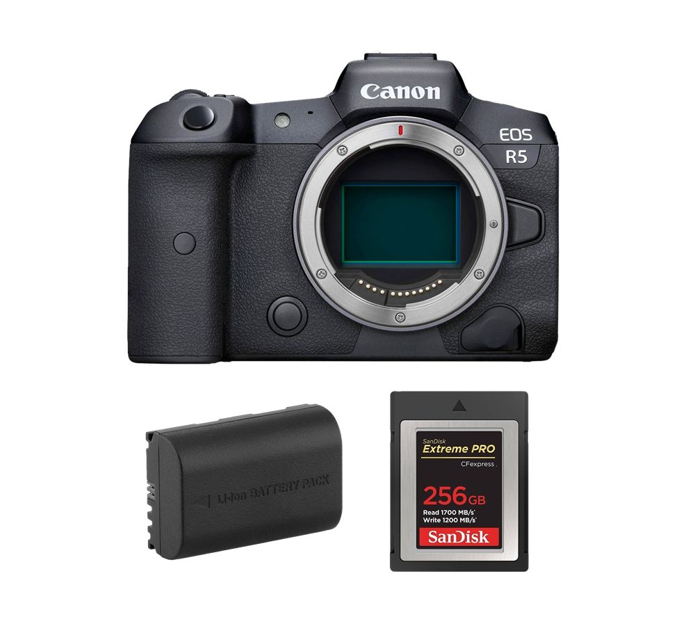 Canon EOS R5 Body + SanDisk 256GB Extreme Pro CFexpress Type B Card + Canon LP-E6NH Battery