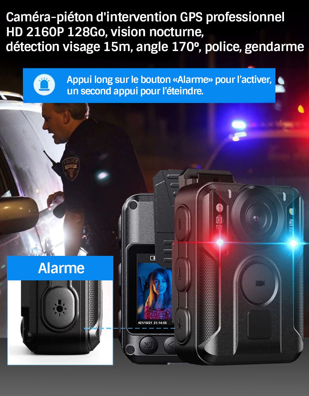 HD4K Professional GPS Intervention Body Camera 2160P HD, 128GB, Night Vision, Face Detection 15m, 170° Angle