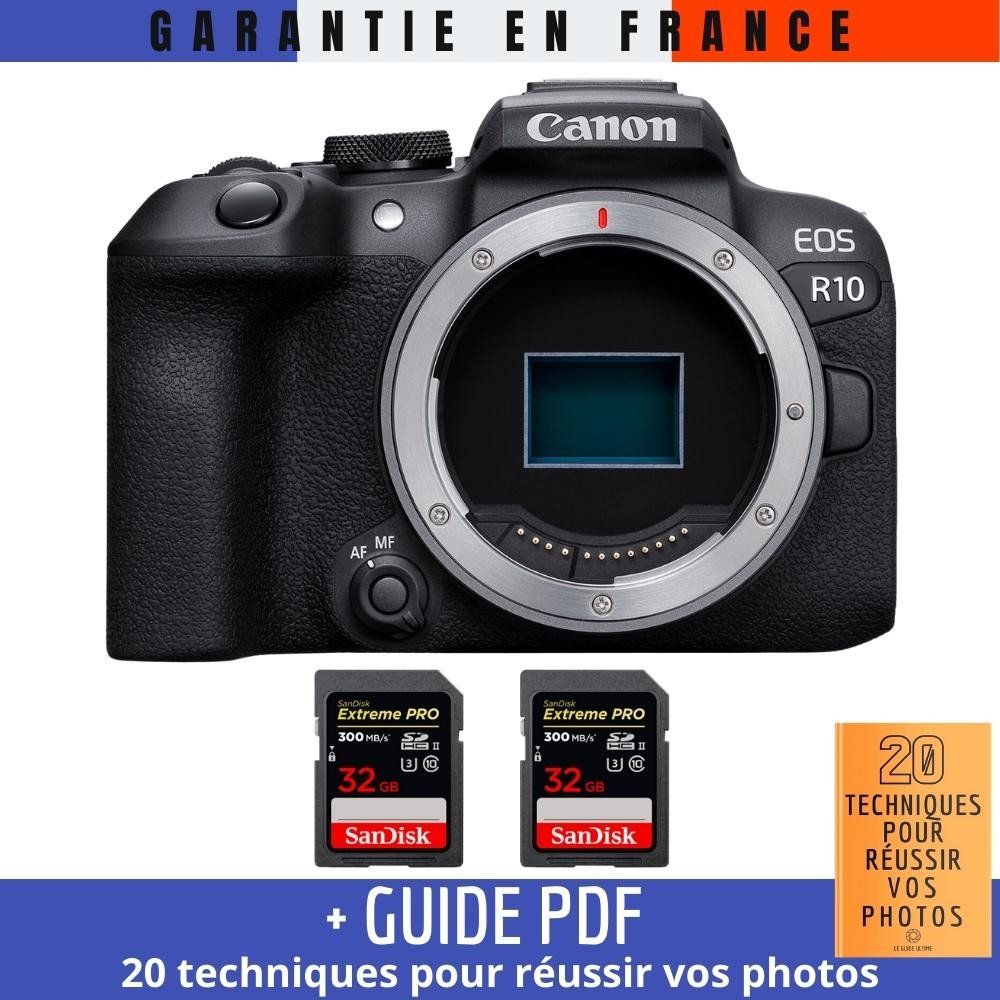 Canon EOS R10 Camera + 2 SanDisk 32GB Extreme PRO UHS-II SDXC Cards (300 MB/s) + '20 TECHNIQUES POUR RÉUSSIR VOS PHOTOS' Guide