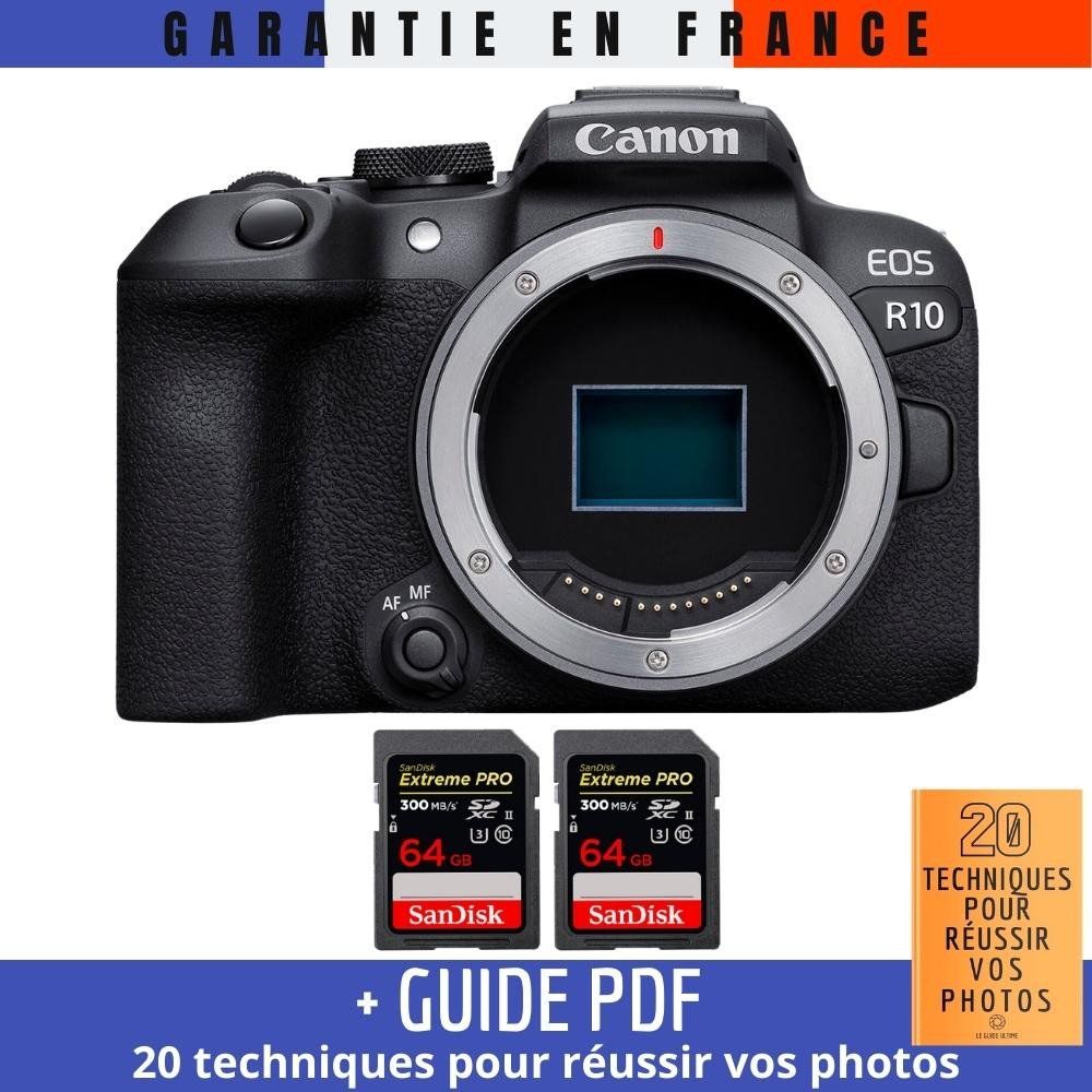 Canon EOS R10 Camera + 2 SanDisk 64GB Extreme PRO UHS-II SDXC Cards (300 MB/s) + '20 TECHNIQUES POUR RÉUSSIR VOS PHOTOS' Guide