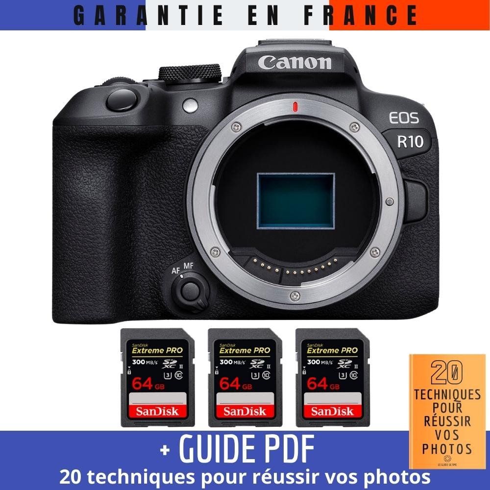 Canon EOS R10 Camera + 3 SanDisk 64GB Extreme PRO UHS-II SDXC Cards (300 MB/s) + '20 TECHNIQUES POUR RÉUSSIR VOS PHOTOS' Guide