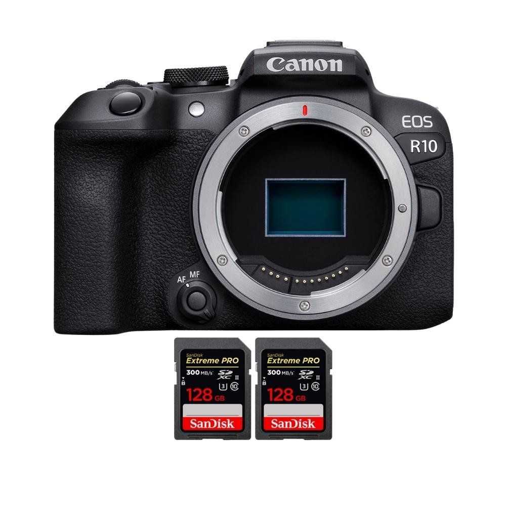 Canon EOS R10 + 2 SanDisk 128GB Extreme PRO UHS-II SDXC 300MB/s Memory Card Kit
