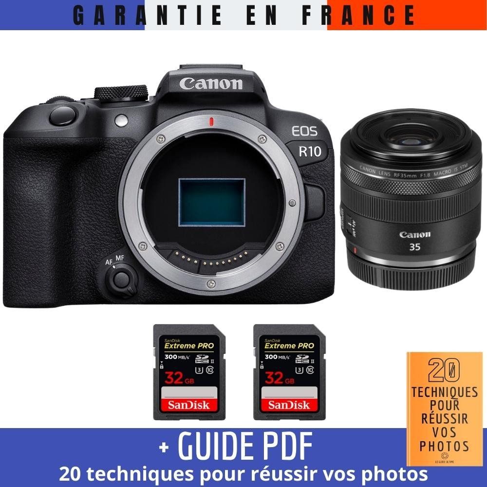 Canon EOS R10 + RF 35mm F1.8 IS Macro STM Camera Kit with 2 SanDisk 32GB Extreme PRO UHS-II SDXC Cards and Guide PDF: '20 TECHNIQUES POUR RÉUSSIR VOS PHOTOS