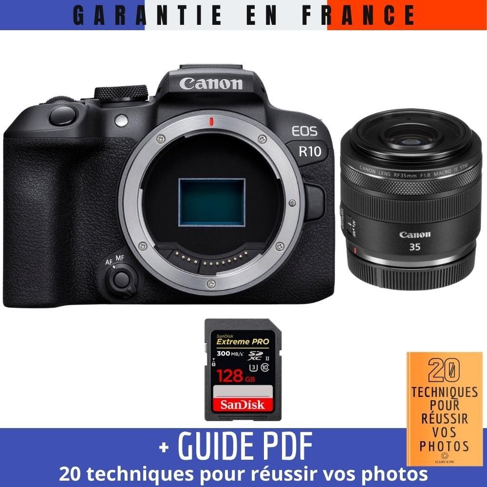 Canon EOS R10 + RF 35mm F1.8 IS Macro STM + 1 SanDisk 128GB Extreme PRO UHS-II SDXC 300MB/s Memory Card + '20 TECHNIQUES POUR RÉUSSIR VOS PHOTOS Guide